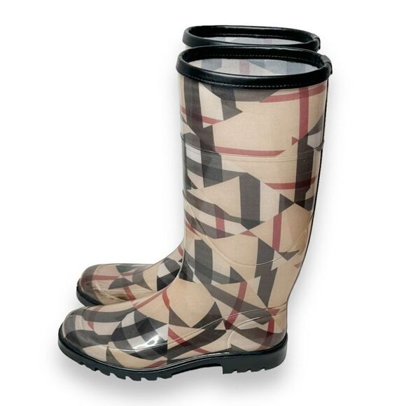 Burberry Abstract Tan/Black Nova Check Plaid Print Rain Boots Women’s Size 38/8 - Picture 1 of 9